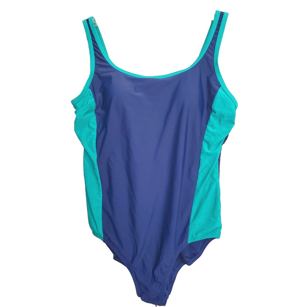 Lands' End Women's Blue & Green Colorblock Shelf Bra One-Piece Swimsuit Size L